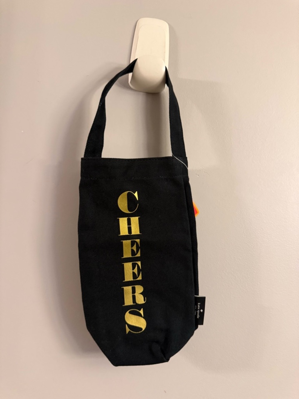 Kate Spade Cheers Black Canvas Wine Bottle Tote Bag Gold Lettering